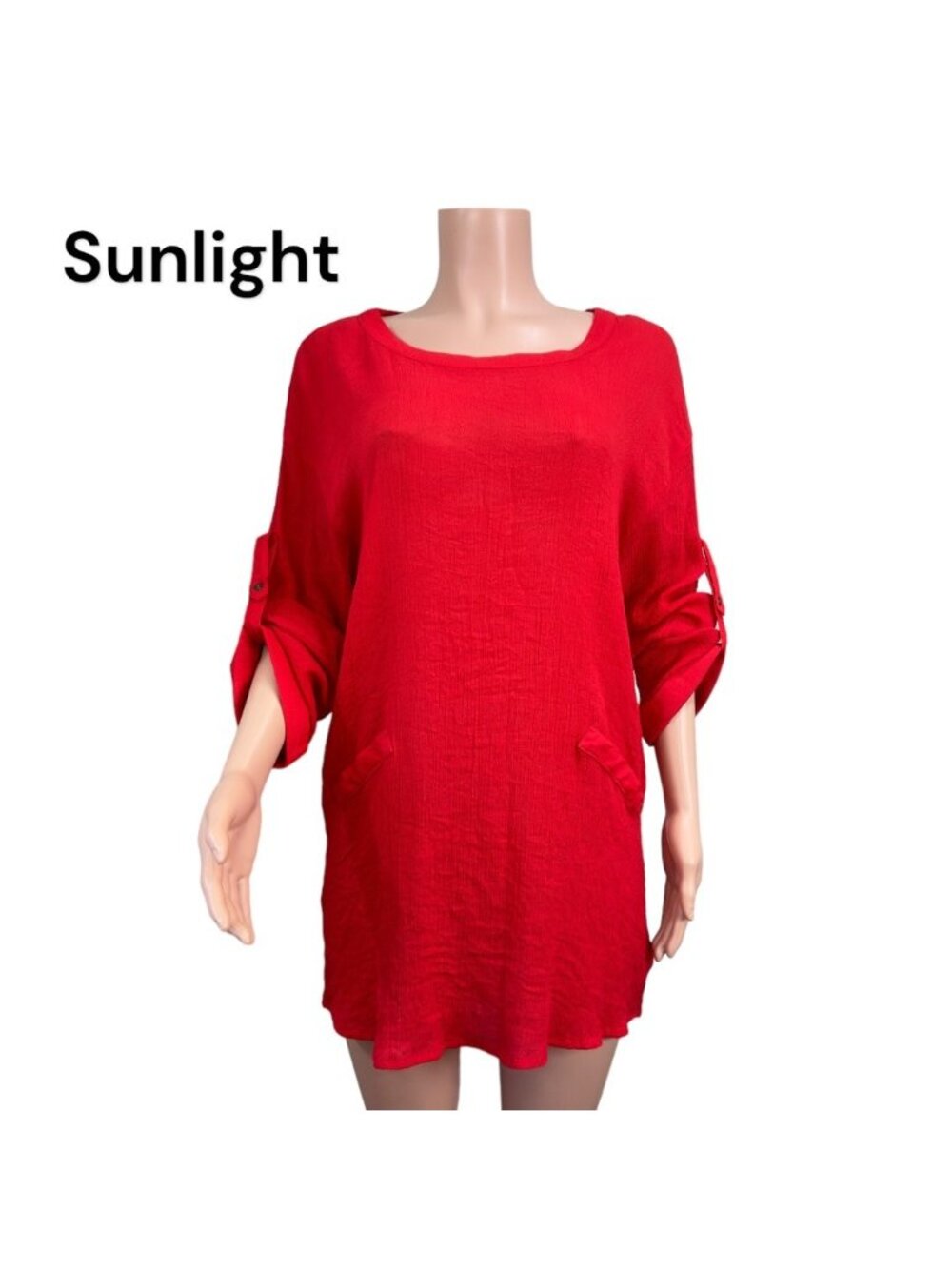 Umgee Women SZ M- Red Woven Knit Top Tunic Pullover Roll Tap Sleeve Faux Pockets